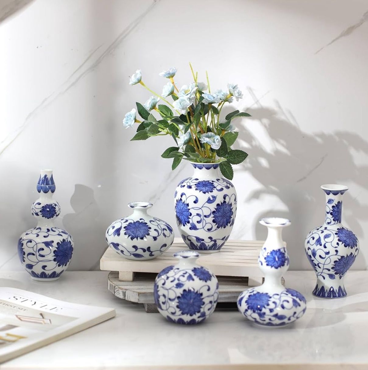 6 Pcs Blue And White Porcelain Vase Sets Mini Chinoiserie
