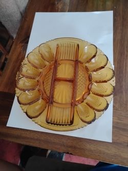 Vintage LE Smith heritage pattern amber glass deviled egg plate and relish tray