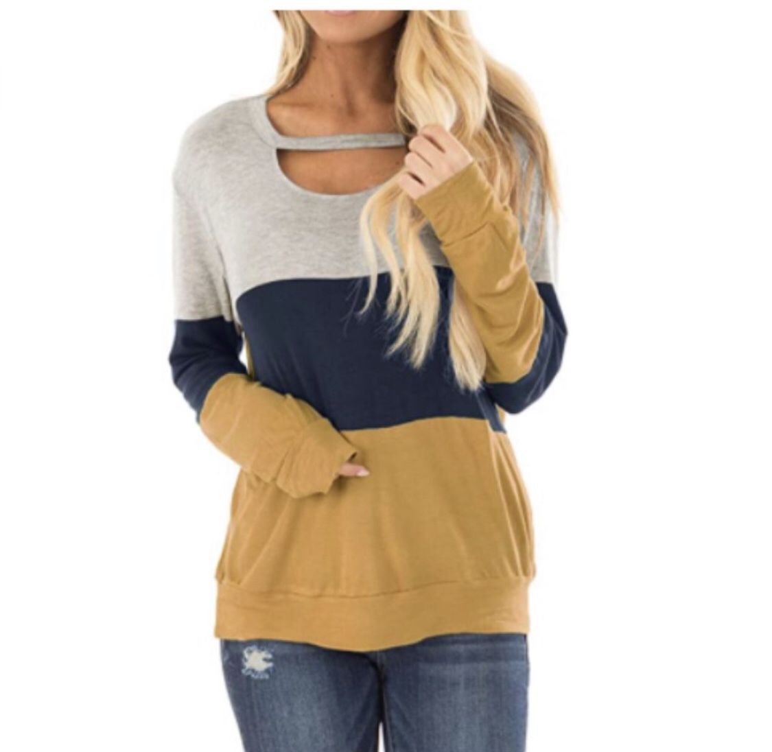 Long Sleeve Tunic Cutout Choker Crew Neck Shirt