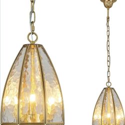 New 7.28” W Antique Brass Chandelier 3-Light Vintage Pendant Light with Hammered Glass Retro 1 Pack