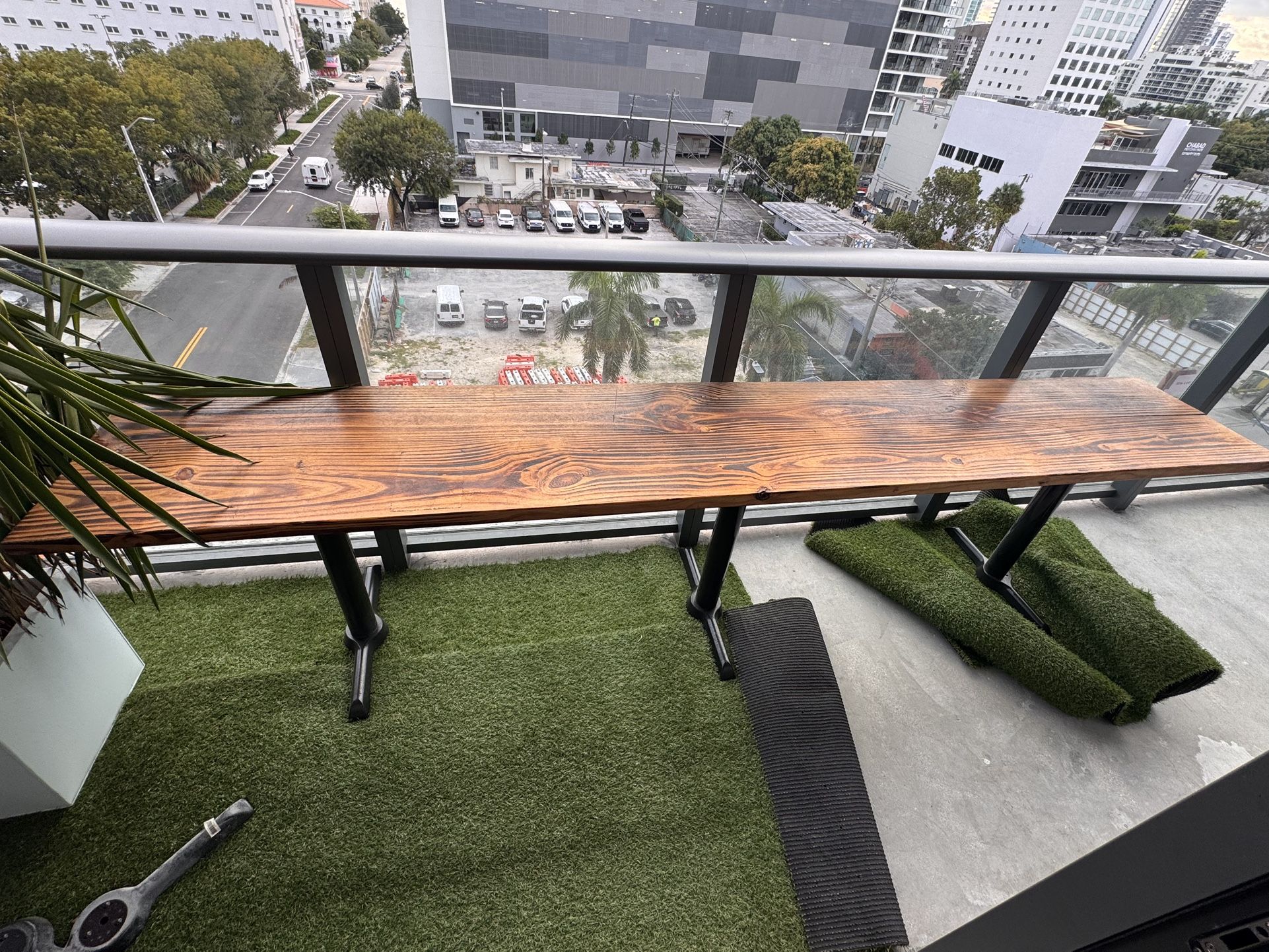 Custom Made Wood Outdoor Table w/ Cast Iron Base