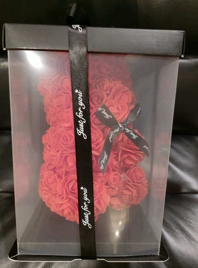 Artificial Rose Teddy Bear with Gift Box | Red/White Rose Bear 10in NEW