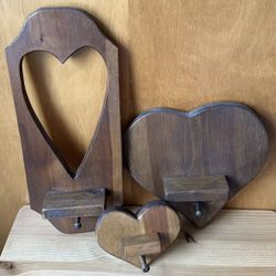 Set Of 3 Vintage Wooden Heart-Shaped Wall Mounted Shelf & Coat/Hat Peg Racks