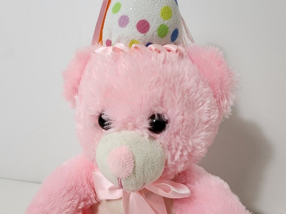 Linzy Plush Pink Birthday Bear With Birthday Hat And Sings Birthday Song 