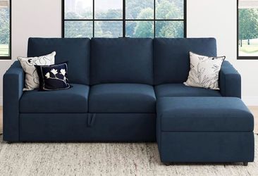Blue microfiber sectional sleeper sofa couch and storage ottoman
