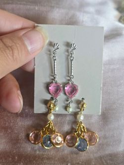 Elegant Pink Heart Drop Dangle Earrings - Gold & Silver Tone Set Of 2