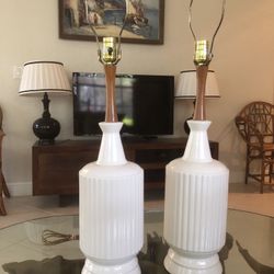 1960s Danish MCM Teak And Ceramic Fluted Table Lamps - PAIR 