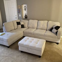 🌟BEUTIFUL Grey White Sectional Sofa Set W/ Ottoman (Left Chaise)👍FREE FINANCING AVAILABLE 👉 NO CREDIT CHECK 👉0  DOWN PAYMENT 