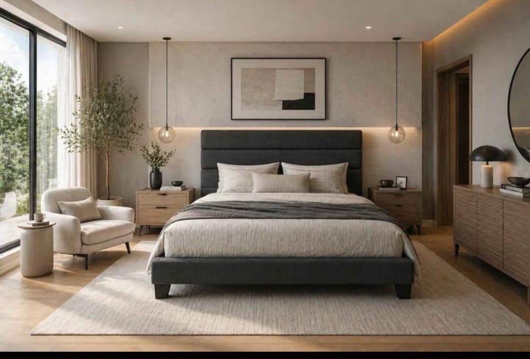 King Bed Frame Platform Bed with Fabric Upholstered Headboard and Wooden Slats Support, Fully Upholstered Mattress Foundation/No Box Spring Needed/Eas