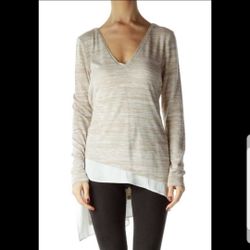 White House Black Market Beige Mottled Layered Long Sleeve Knit VNeck Top SM (6)