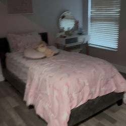 Twin size bed frame with pillow top mattress