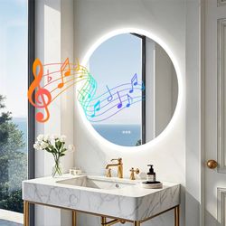 32 Inch Round Lighted Bathroom Mirror with Bluetooth Speaker,Wall-Mounted Backlit Vanity Mirror 3 Colors Dimmable Anti-fog