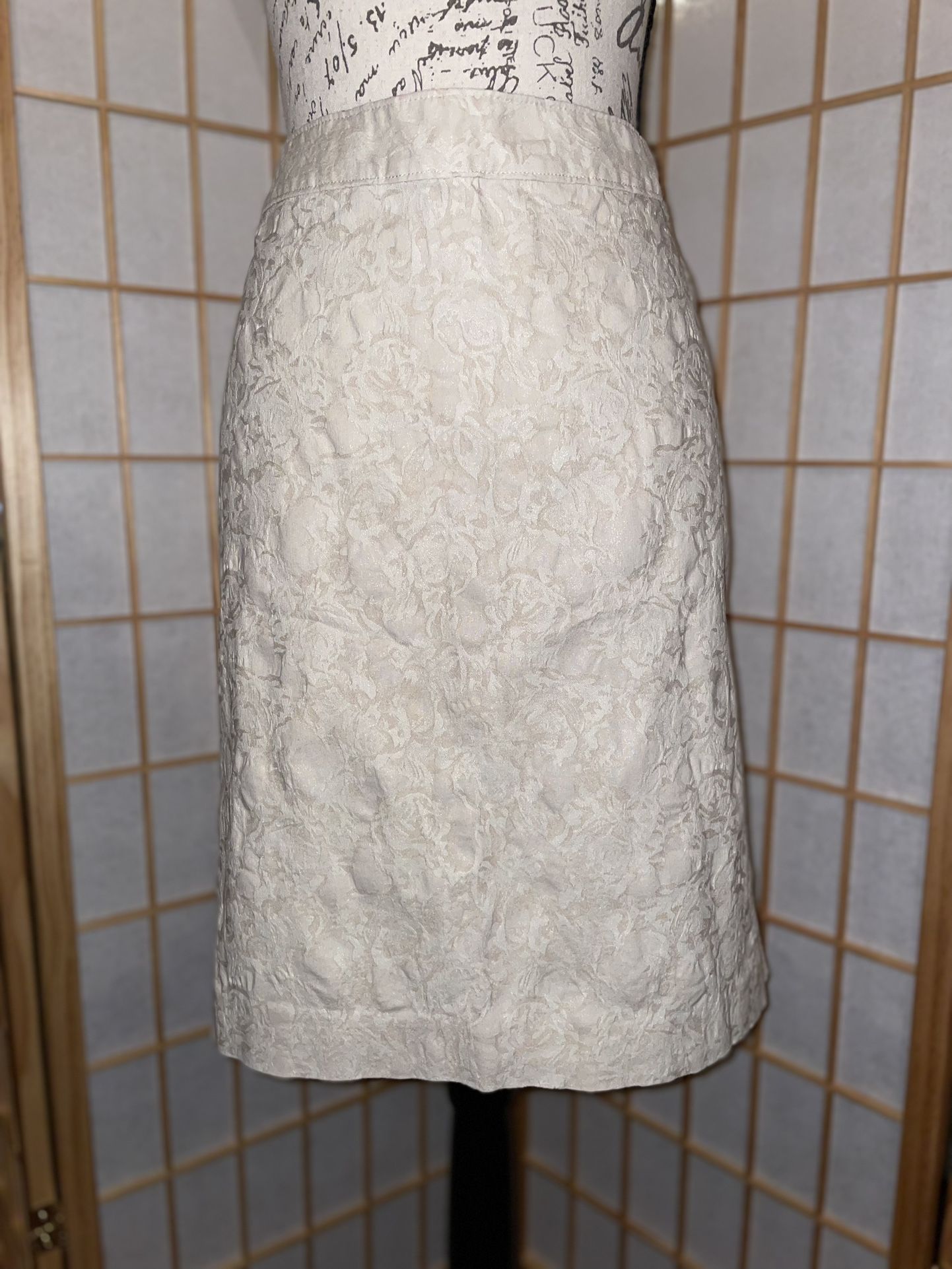 Women’s cream beige floral knee length skirt, spring summer work wear apparel,