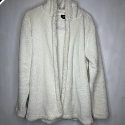 Women’s size Large Bebe hoodie coat robe fur warm Sherpa white jacket winter vtg