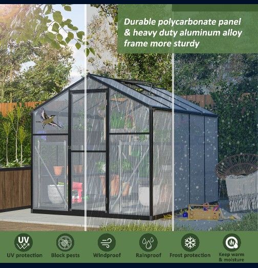6x8 FT Greenhouse for Outdoors, Polycarbonate Greenhouse with Quick Setup Structure and Roof Vent, Aluminum Large Walk-in Greenhouse for Outside Garde