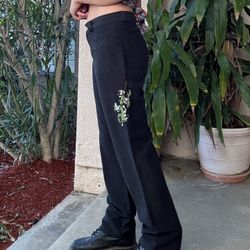 Black Linen Embroidered Pants