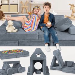14pcs Modular Kids Play Couch, Child Sectional Sofa, Fort-Play Bedroom & soft play for Toddlers, Convertible Foam