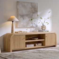 Modern 70-inch Fluted TV Stand, Long Entertainment Center with Storage, Living Room Multimedia Console with Door and Adjustable Shelves natural oak