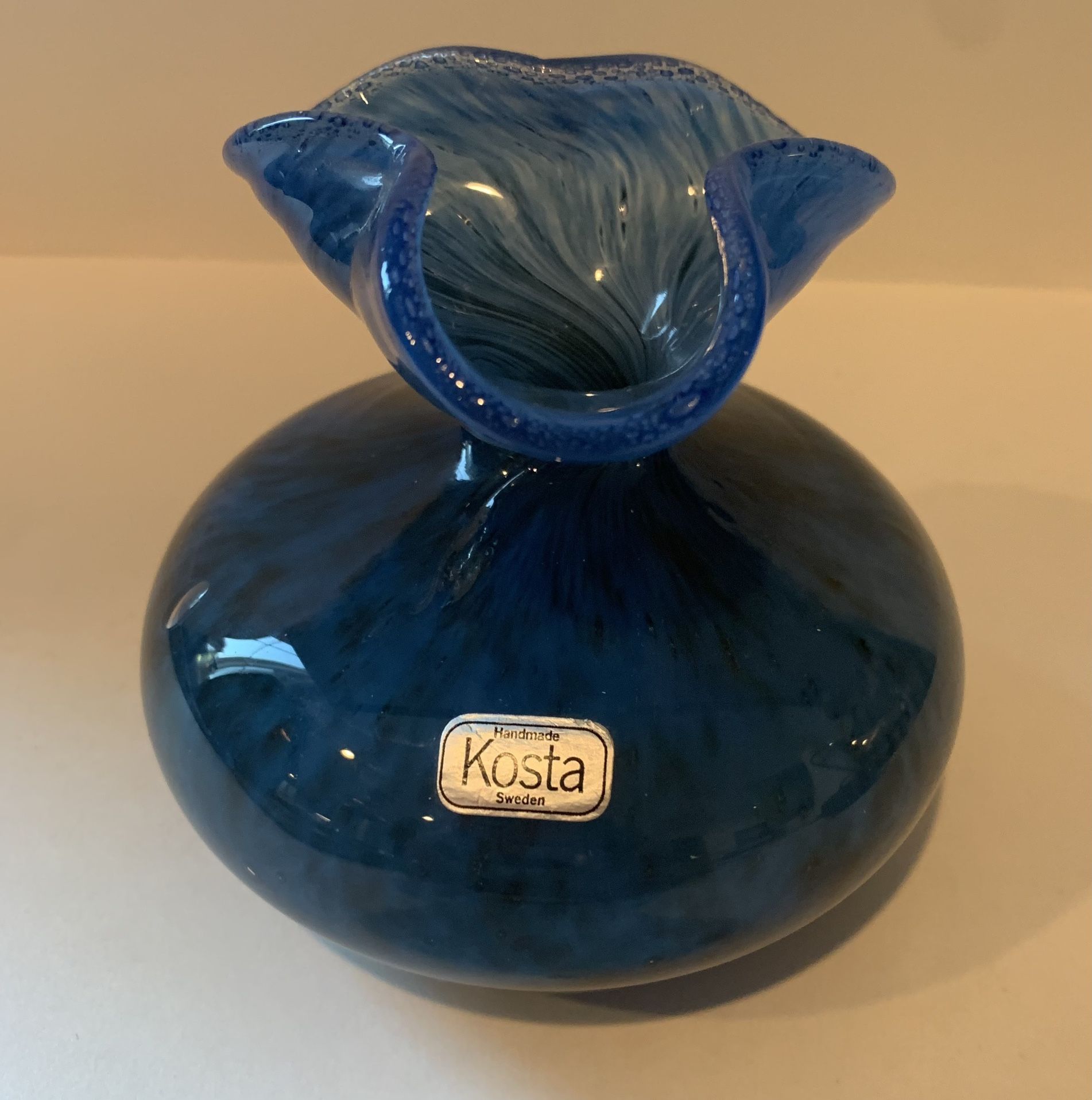 Vintage Blue Glass Vase by Kosta 4.5” tall. Highly Collectible.