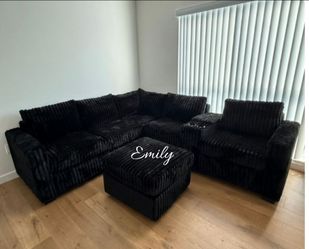 Gorgeous! 4-Pc Black Corduroy Sectional Sofa With Ottoman And Cupholders