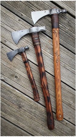 Hand-Forged Custom Tomahawk Axe Set (3 Pieces) – Leather Wrapped Wood Handles