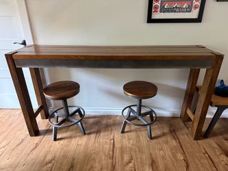 Behind couch table & 2 stools