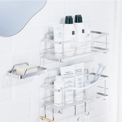 KINCMAX Shower Caddy and Soap Holder, Rustproof SUS304 Stainless Steel, Adhesive Wall Mount Double Baskets 3-pack with Hooks (Polis