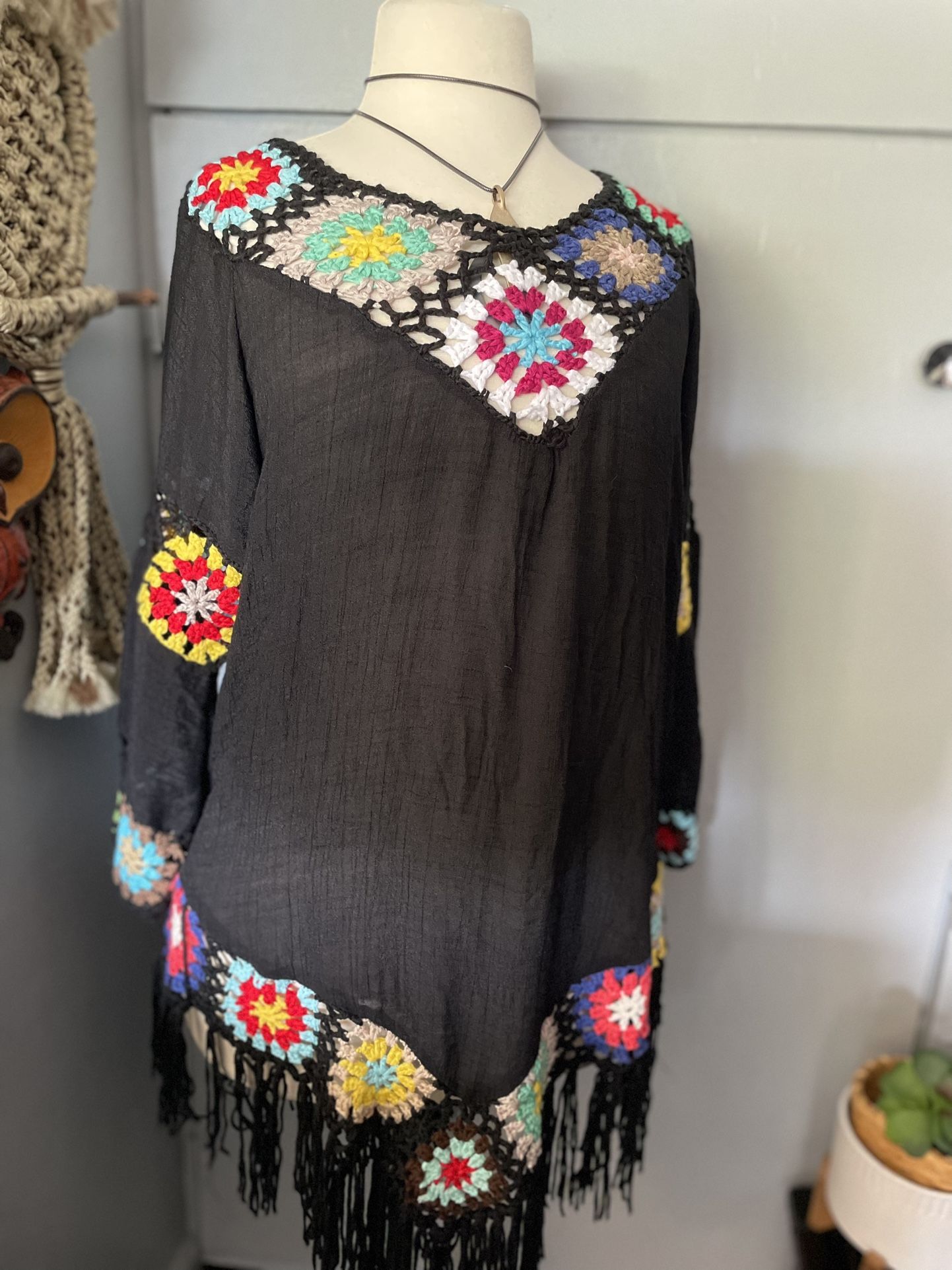 Boho Western Granny Square Tunic Top