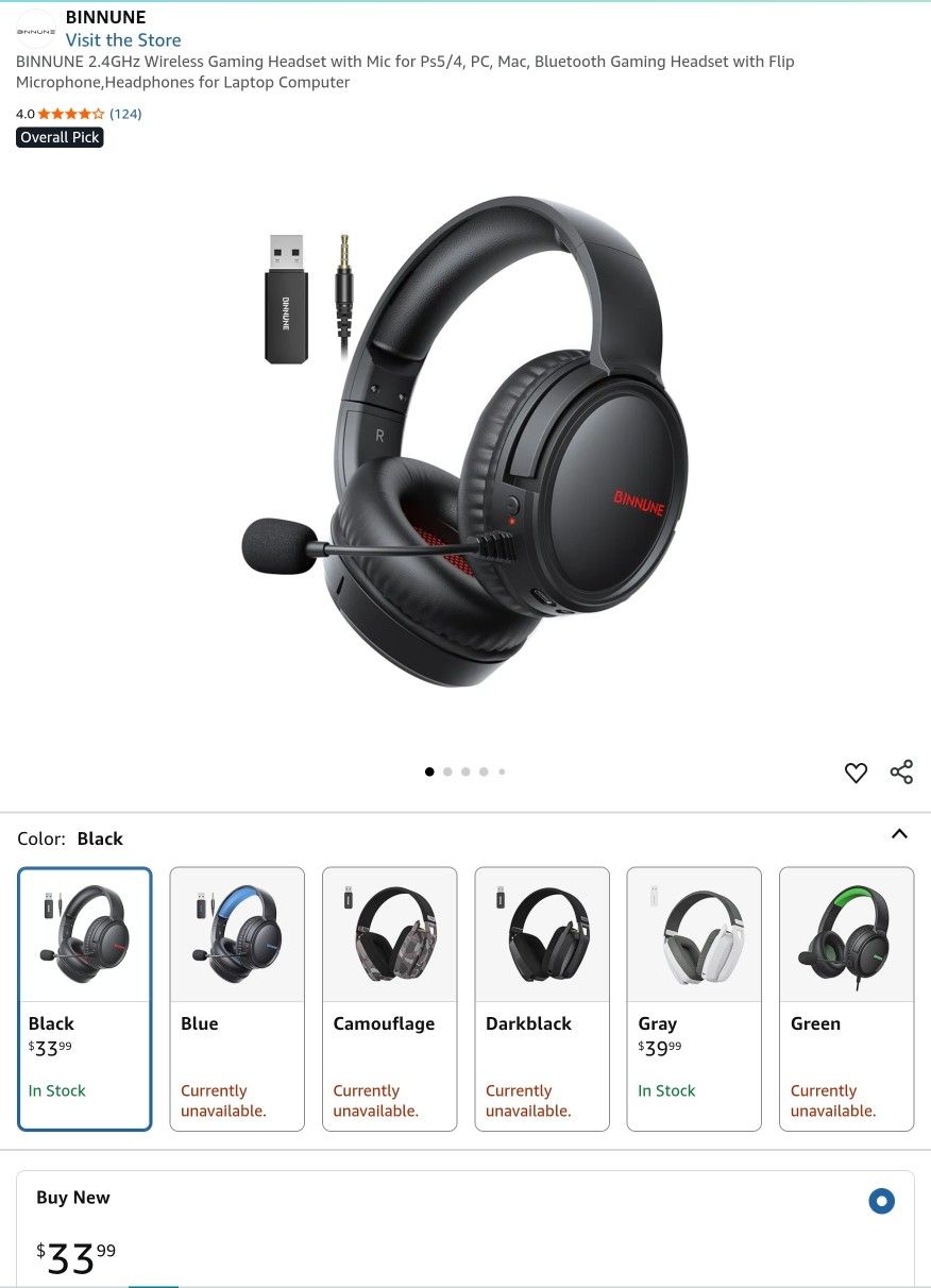 BINNUNE 2.4GHz Wireless Gaming Headset with Mic for Ps5/4, PC, Mac, Bluetooth Gaming Headset with Flip Microphone,Headphones for Laptop & Computer
