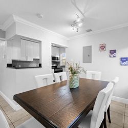 Gorgeous Solid Modern Contemporary Wood Table with 6 Vegan Leather Chairs 
