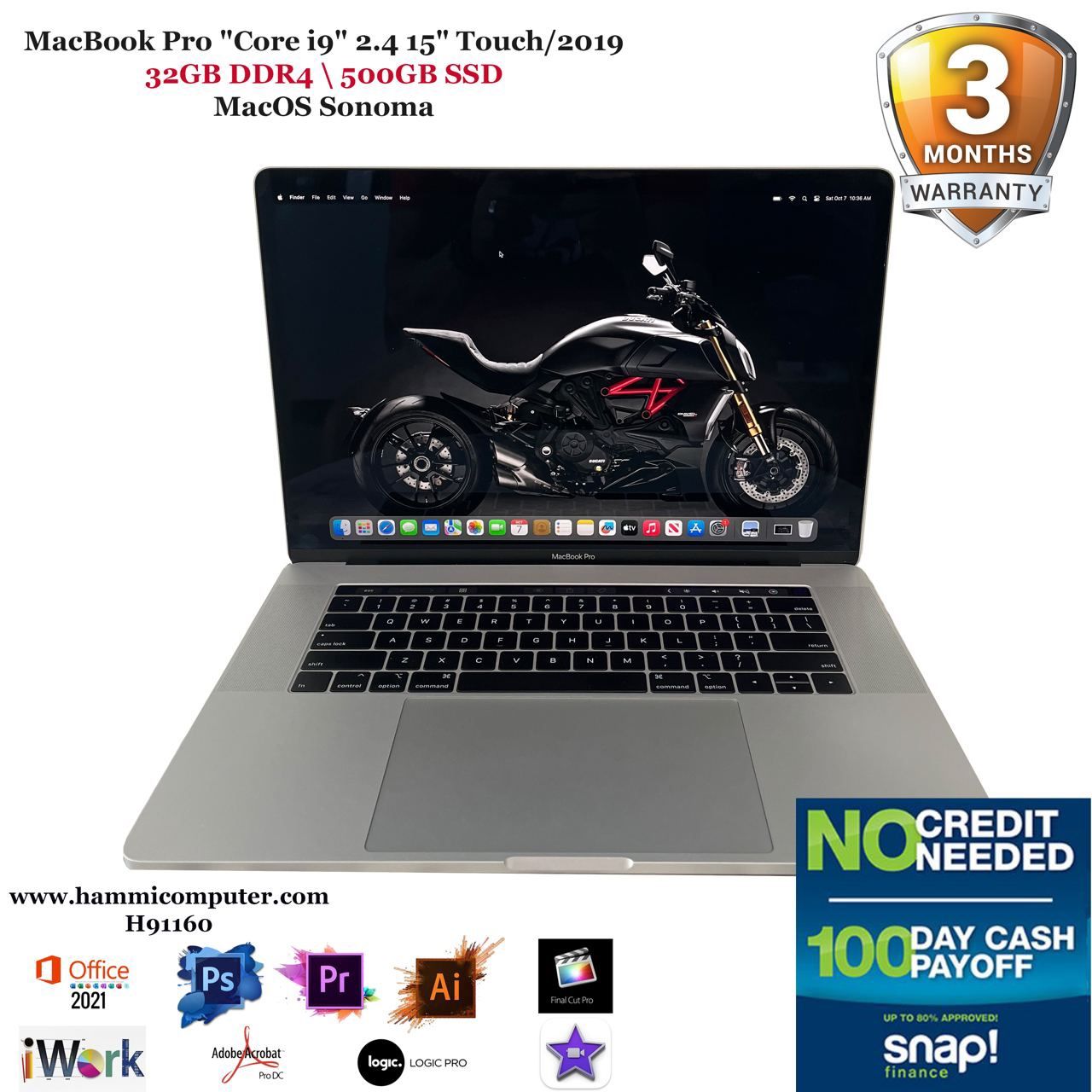 MacBook Pro "Core i9" 2.4 15" Touch/2019, 32GB, 512GB SSD "H91160"