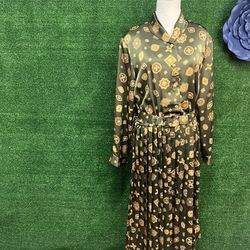 Talbots Green And Gold Vintage Style Belted Pleated Dress Size 12 