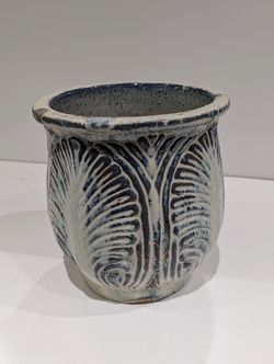 Hand Carved Blue Gray Ceramic Planter Pot 10.5 Inch Tall Decorative Vase