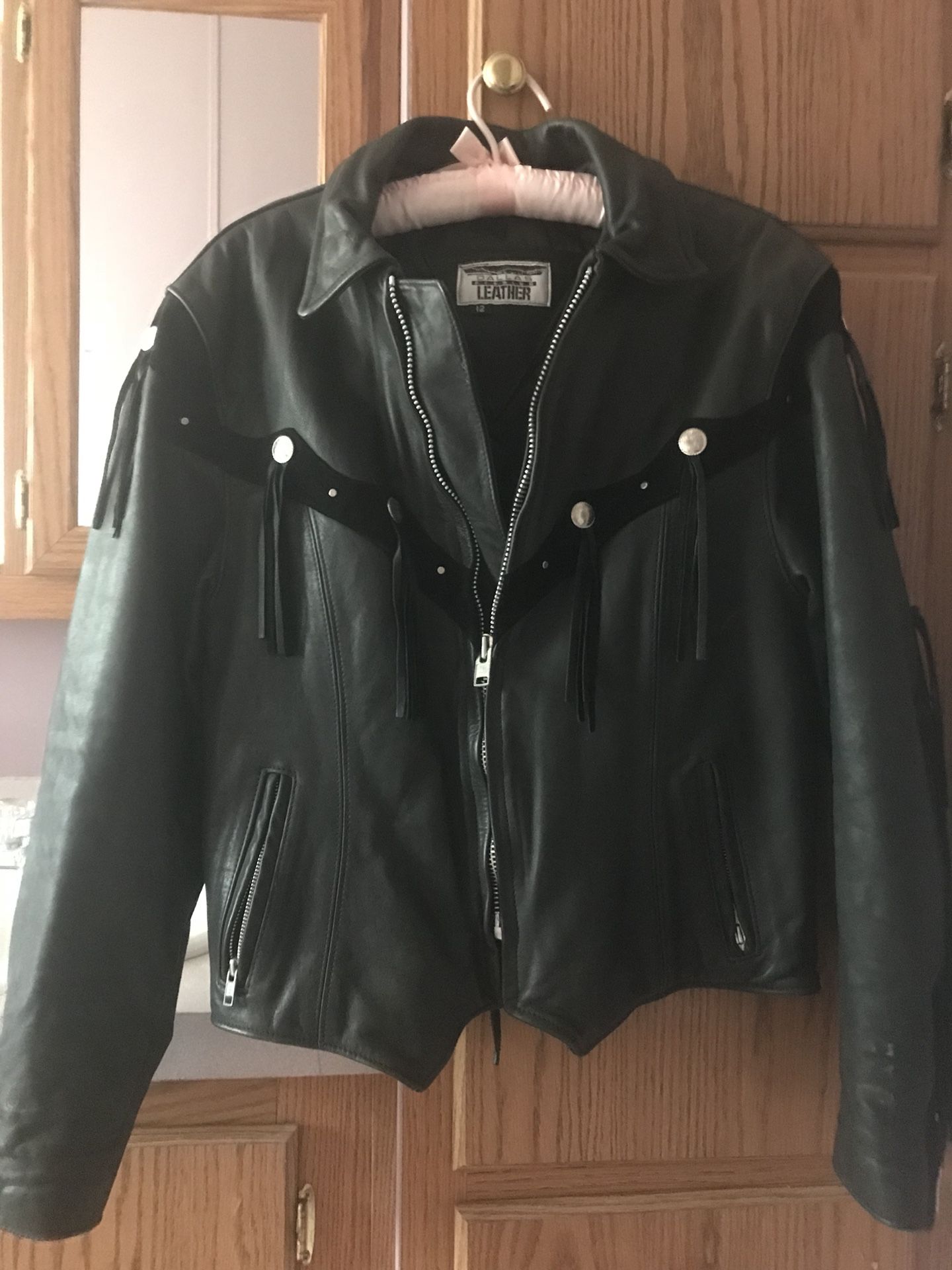 Women’ Black Leather Fringe Jacket
