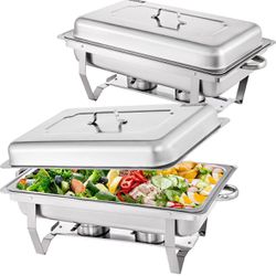 Stainless Steel Chafing Dishes 8 Qt Buffet Set, Silver Rectangular Catering Chafer Warmer Set with Trays Pan Lid Folding Frame Stand for Kitchen Party