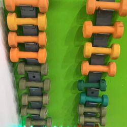 Set of dumbbell weights + wall-mounted Racks