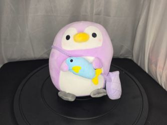 Takashoji Purple Penguin Fishing Holding Blue Fish 8" Plush (Round1 Exclusive)