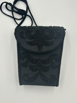 Vintage 1990S La Regale Black Fabric With Black Glass Seed Beads Evening Bag