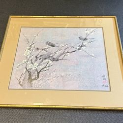Vintage 1977 Chiu Weng Birds & Blossoms Framed Lithograph Print