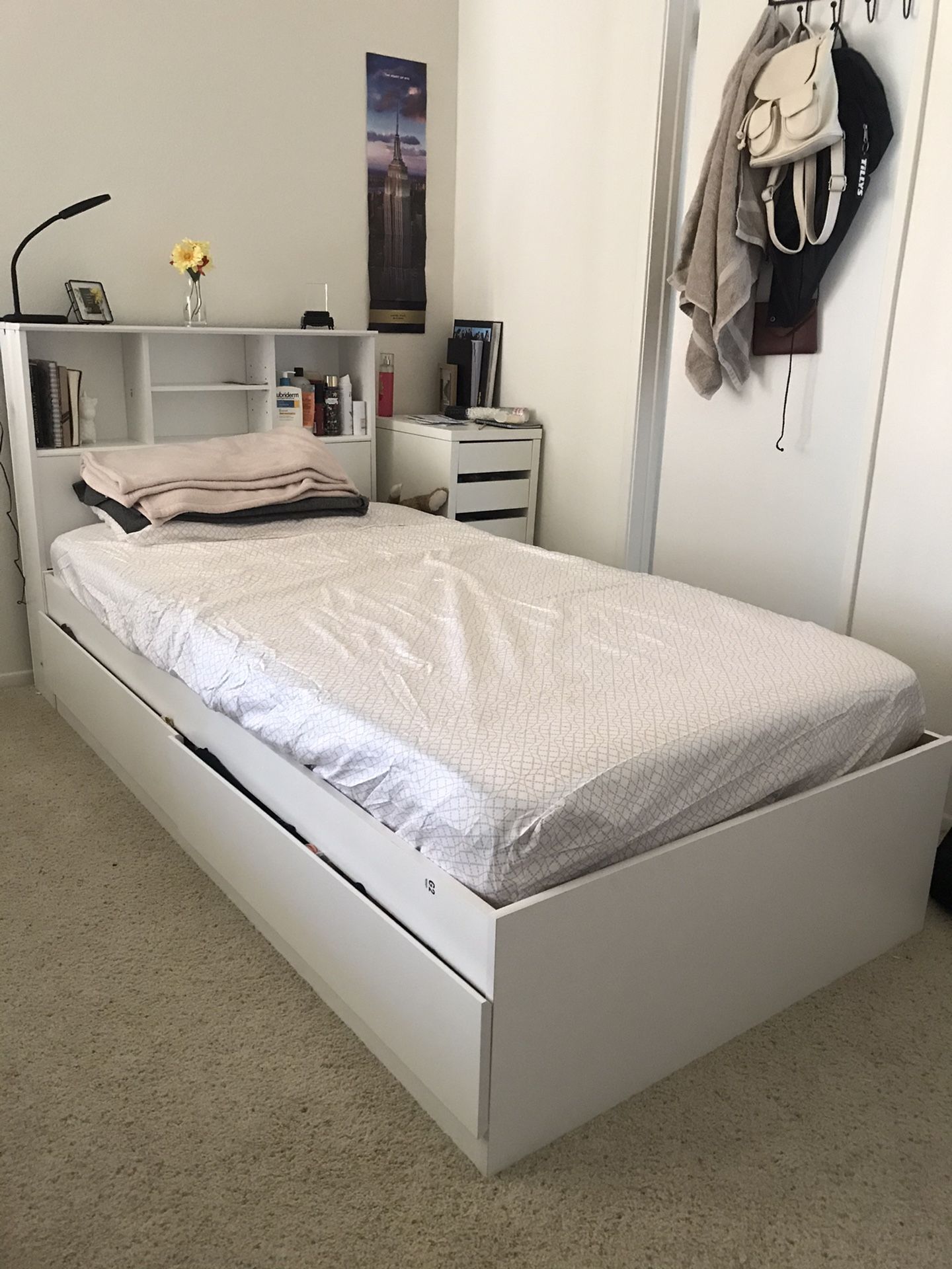 Mainstays Mates Storage Bedframe with Bookcase Headboard, Twin, Soft White