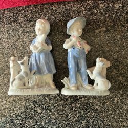 Vintage Japan Lego Ceramic Boy , Girl , Dog Figurines