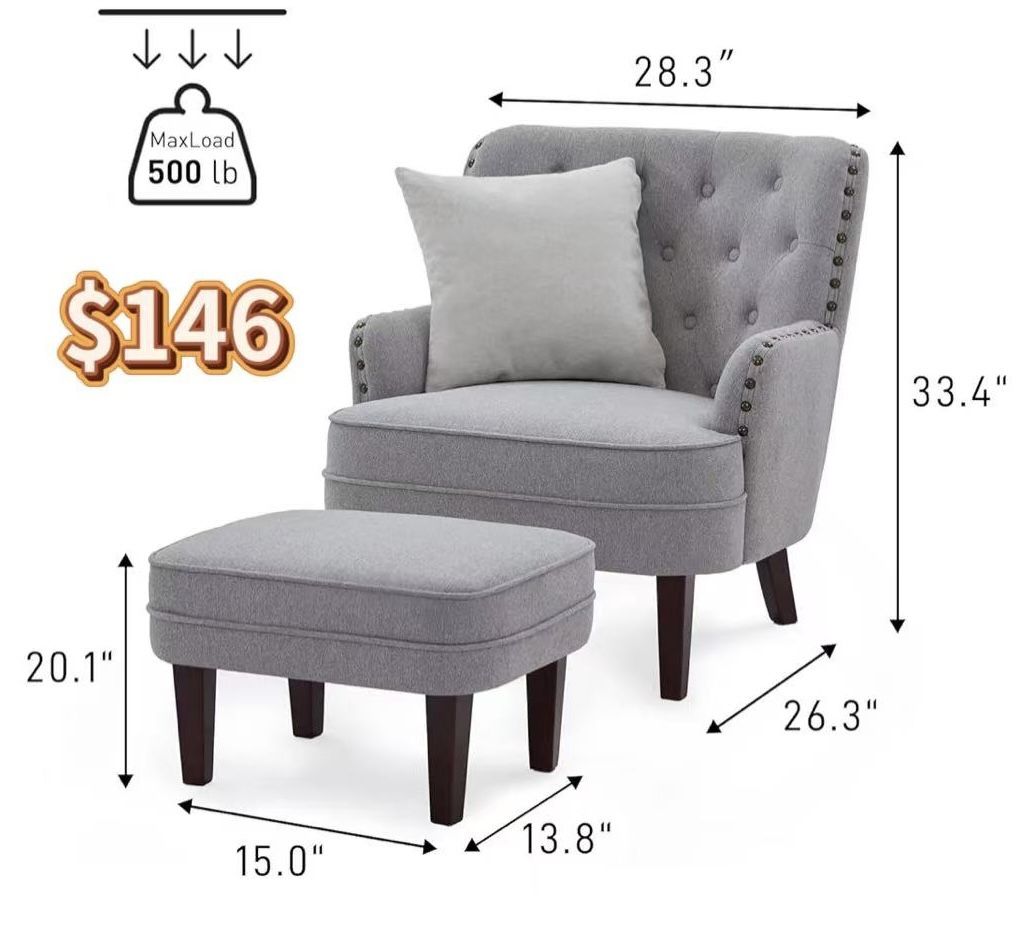 😀 Accent Chair with Ottoman and Pillow, Living Room Club Chair and Ottoman Set with Bronzer Nail Head Trim Wooden Legs, Upholstered Button Tufted Arm