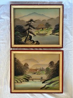 Pair of Japanese Painted & Embroidered Silk Artwork - Each Frame 13x16”