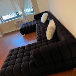 New/ Black And Blue Velvet Double Chaise Sectional, Seccional, Couch 