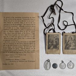Catholic 1945 Mary Jesus Vintage 3 Medals 1 Scapular 1 Prayer Pamphlet Religious