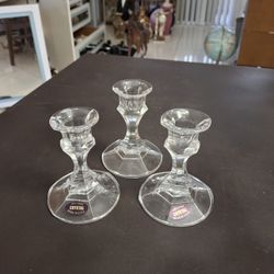 Vintage 1980's Traditional Set Of 3 Clear 24% Lead Crystal Candle Holders For Tapered Candle Stick, Made In USA 4"H