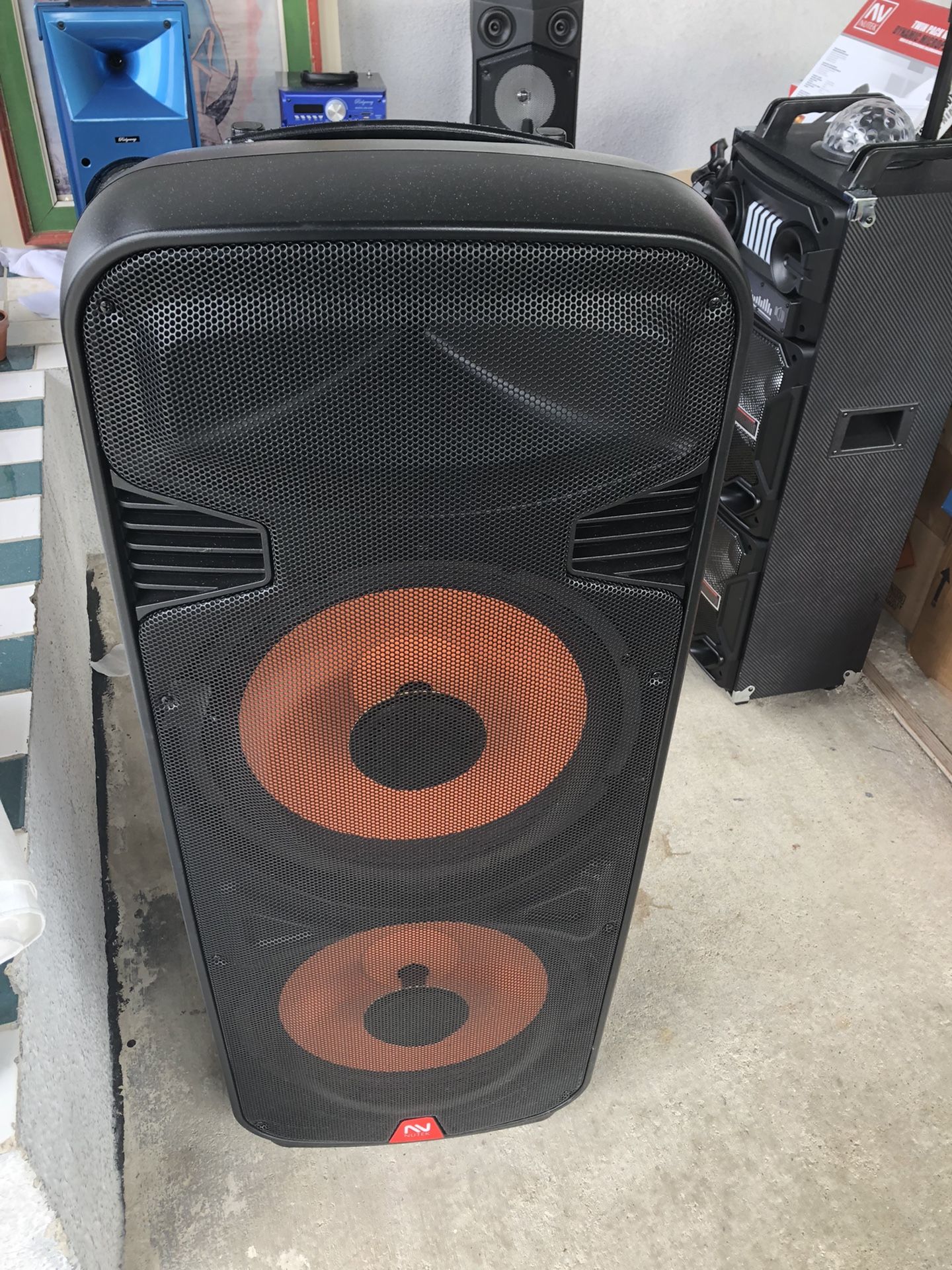 Rechargeable Bluetooth Speaker/dual 15 Inch/USB Slot/SD Port/fm/aux/includes Microphone For Karaoke/huge Variety/new In Box!!