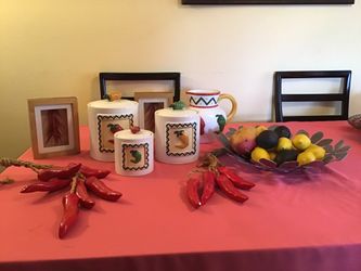 chili pepper canister set with beverage pitcher and red chili wall accessories