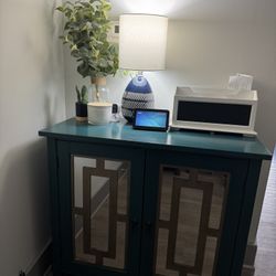 Teal Mirrored Accent Cabinet – Stylish Storage with Gold Detailing