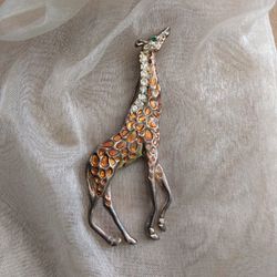 Giraffe Brooch-Orange Enamel with White & Green Rhinestones